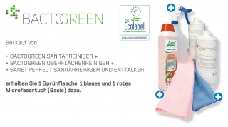 STARTER-SET AKTION BACTOGREEN Sanitärreiniger + Oberflächenreiniger + Entkalker SANET Perfect